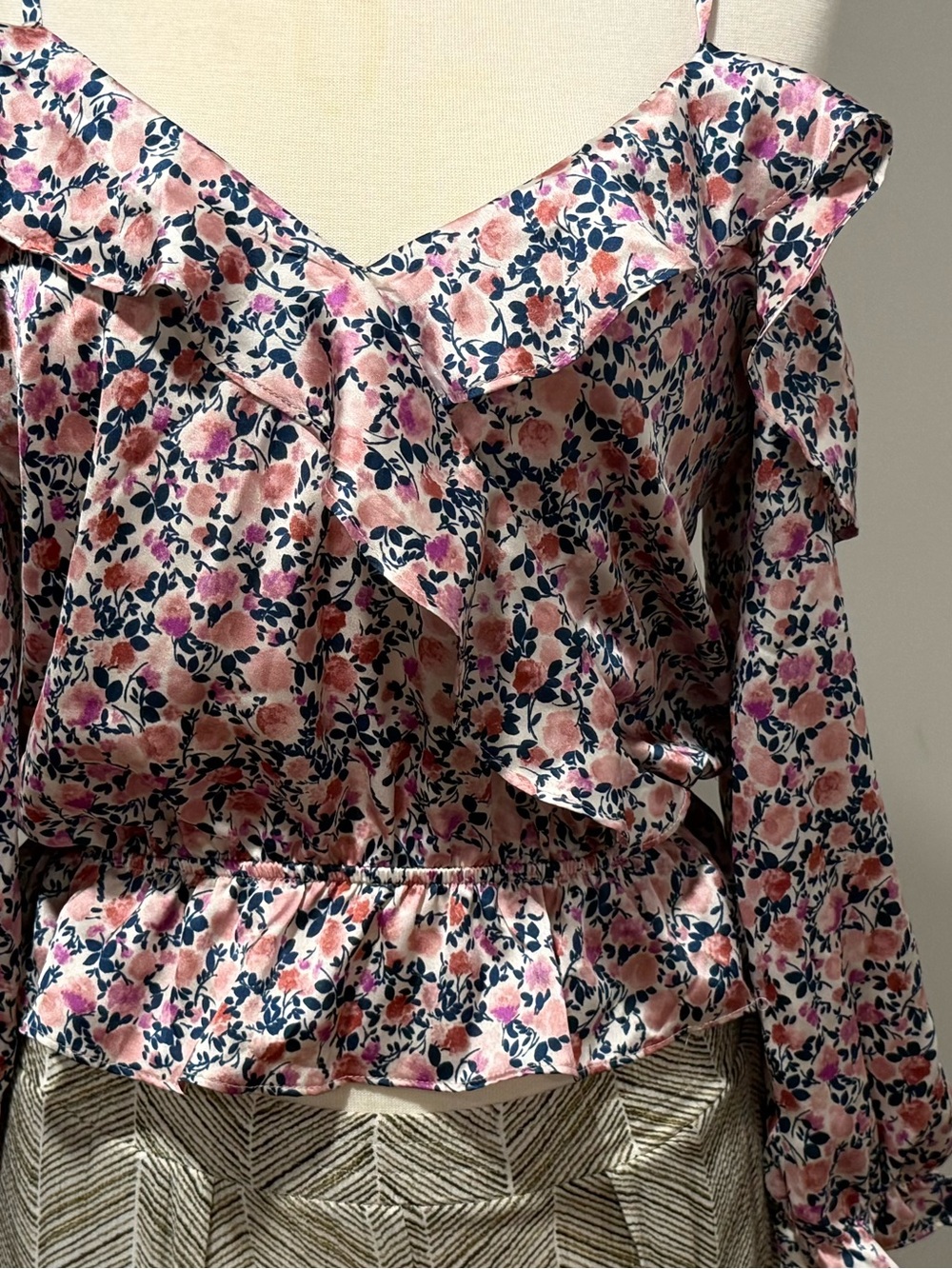 Moa Moa Pink Floral Ruffle V-Neck Blouse with Navy Accents